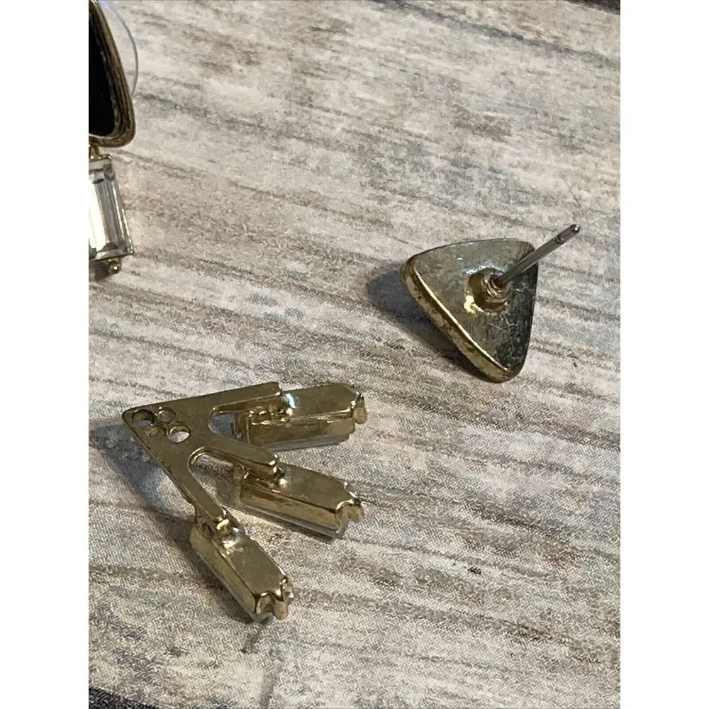 Black Gold Tone 3 pcs EARRINGS‎ Posts Triangle Rhinestones Costume Jewelry